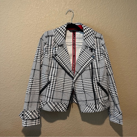 White House Black Market Houndstooth Plaid Moto Zipper Jacket Size 6 - Picture 3 of 6